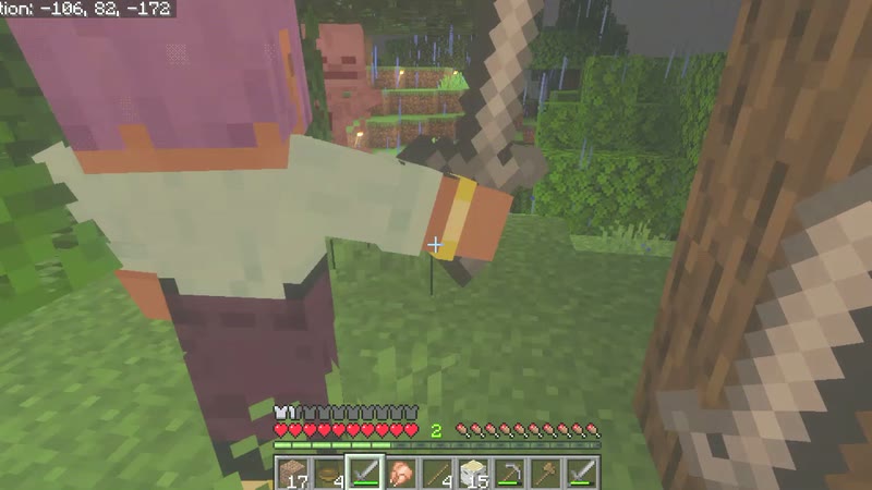 BotSteve swinging its sword at a skeleton in the rain